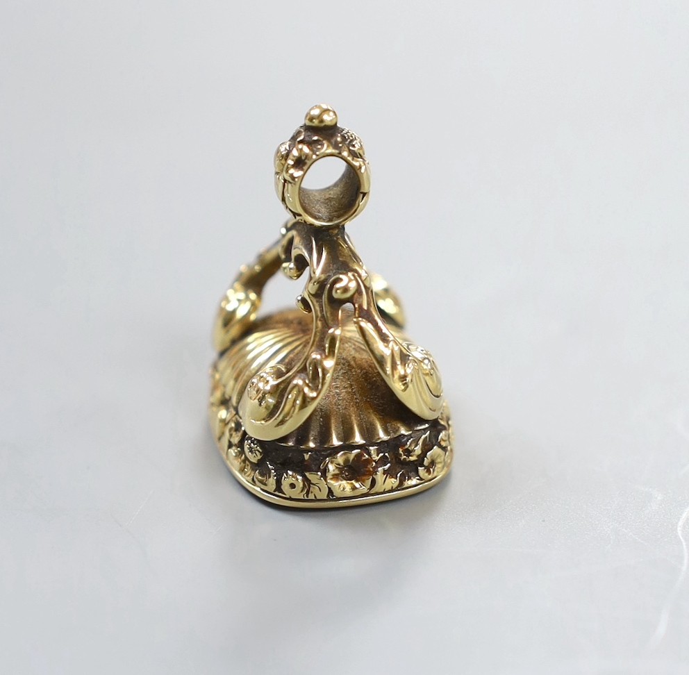 A 19th century yellow metal overlaid and bloodstone set fob seal, 31mm.